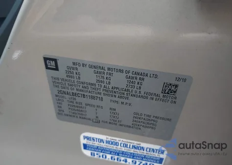 2011 Chevrolet Equinox Ls из США, поврежденный, VIN 2GNALBEC7B1188718